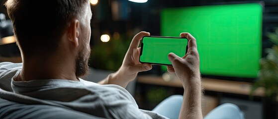 Man sits on couch in home environment holding smartphone with green screen and interacting with device