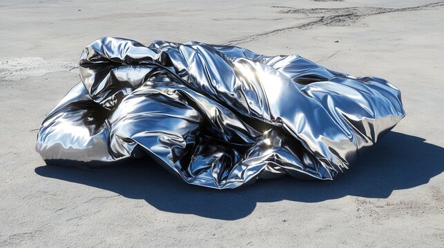 A folded emergency thermal foil blanket with a shiny metallic reflective surface lies on the ground