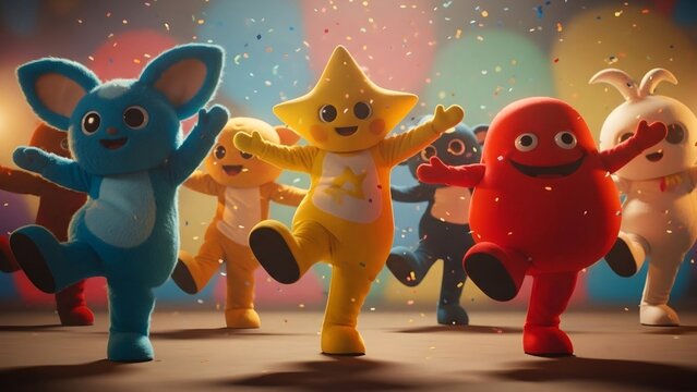 Colorful Teletubbies characters dancing together in celebration