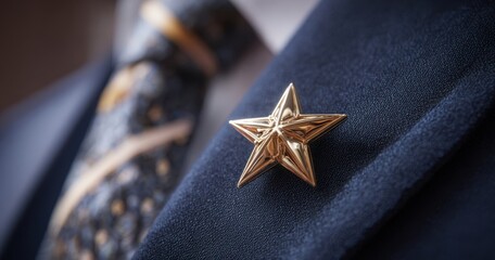 The Star Lapel Pin on a Tailored Navy Suit with Textured Patterned Tie