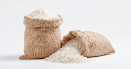 The rice sacks spilling white rice on a clean minimal background