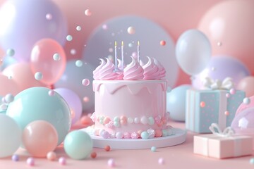 A birthday party scene shows a cake with pink frosting and candles on a table. Soft balloons and colorful decorations surround the cake, creating a festive atmosphere for celebration