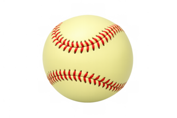 Softball with red seams, yellow ball for sports, game, athletics, competition, and team play on transparent background
