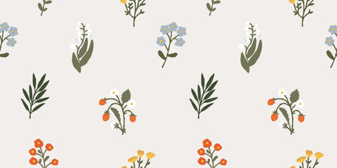 Seamless pattern with hand drawn blue wildflowers and meadow grasses on white background. Decorative wrapping paper and textile backgrounds