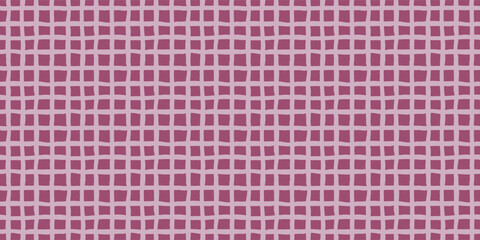 Seamless hand drawn plaid pattern with organic geometric lines in purple and pink shades. Plaid background. Modern banner