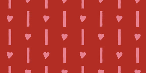 Seamless geometric stripe pattern with hand drawn small hearts and vertical lines on purple background. Repeat tile for textile and wallpaper