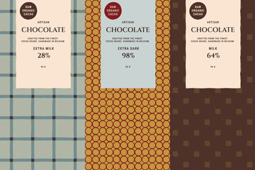 Set of seamless patterns for chocolate packaging with artisan label design templates. Confectionery branding. Wrapping paper