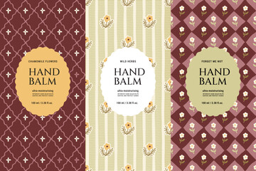 Seamless floral patterns set for hand balm packaging with hand-drawn botanical illustrations and label templates
