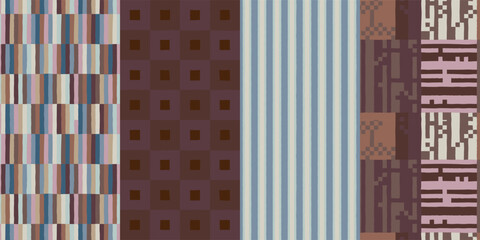 Set of abstract geometric seamless pattern set with hand-drawn stripes, squares and ethnic motifs in earthy tones