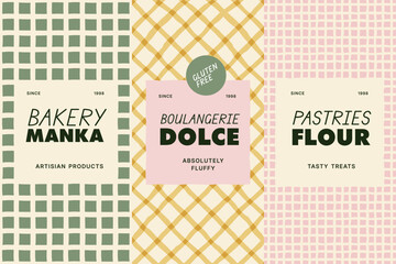 Bakery packaging design templates with seamless patterns, hand-drawn grids and stripes, and artisan labels for bread and pastry brands.