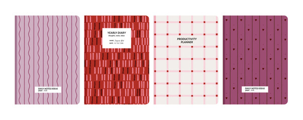 Set of romantic heart pattern notebook, dairy, planner cover designs. Valentine's Day stationery templates with pink and red seamless geometric motifs.