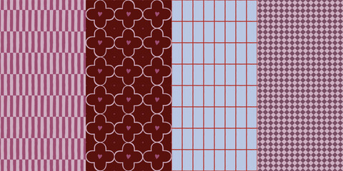 Valentines day seamless pattern set with hearts, geometric grid, and abstract shapes in pink, red, and blue