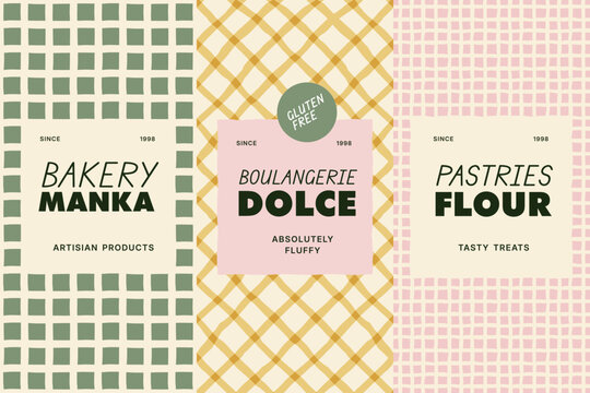 Bakery packaging design templates with seamless patterns, hand-drawn grids and stripes, and artisan labels for bread and pastry brands.