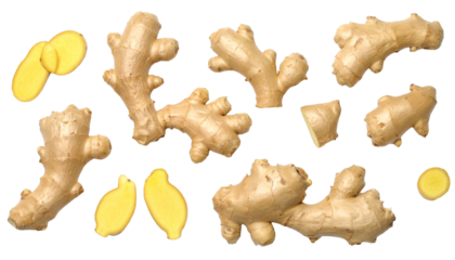 Ginger Root on Transparent background - falling ginger pieces cut up in slices or sliced Ginger - Food display, marketing packaging and cosmetics - Medicinal Food and Vitamins