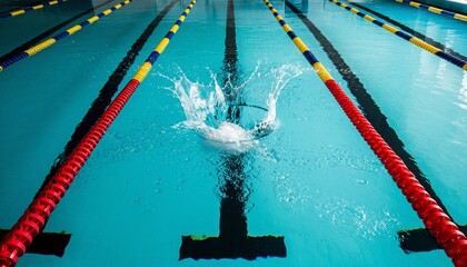 Dynamic water splash erupting in a swimming pool lane between colorful red and yellow dividers, creating ripples on the clear blue surface during a competition