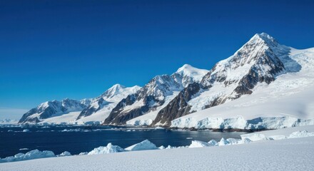 Obraz premium Snowy mountain range meets dark ocean under a bright blue sky