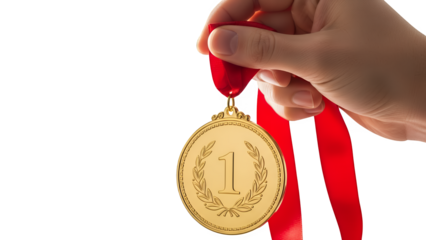 A hand holding a gold medal with a red ribbon, celebrating victory and achievement, isolated on transparent background