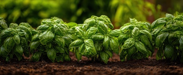 The basil plants in a lush garden bed with rich soil and sunlight