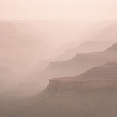 Naklejka premium A minimalist, ethereal landscape of stratified canyon walls viewed through layers of atmospheric haze. The geological formations appear as soft, abstract bands in a muted palette of dusty rose, warm.