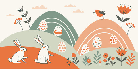 Fototapeta premium Easter Landscape Illustration with Bunnies and Eggs Vector
