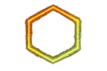 Glowing neon hexagonal frame with gradient yellow and orange light effect and sparkling particles on transparent background
