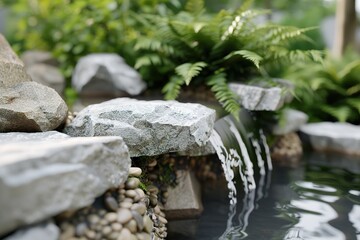 A backyard scene shows a large pond surrounded by rocks and plants. Water flows gently over stones. People are nearby, enjoying the outdoor environment during the day