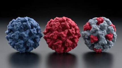 3d render of corona virus structures in red and blue colors on a dark background showcasing detailed computer graphic design