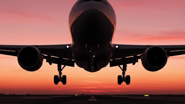 A magnificent commercial aircraft is captured in silhouette against a breathtaking sky, illuminated by the warm, vibrant hues of a sunset or sunrise. The large passenger jet, with its landing gear ext