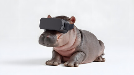 Cute Baby Hippo Wearing VR Headset with Futuristic Technology Concept