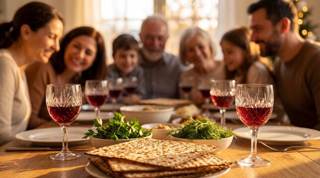 Multi-generational family gathered at a dining table, enjoying a meal with matzah and red wine. Festive celebration highlighting tradition, warmth, and togetherness.