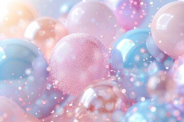 Bubbles in various shapes float in a pastel background sprinkled with confetti. Bright colors fill the space, making it lively during a celebration or party