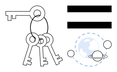 Three keys on a keyring alongside an equality sign and planetary orbit with Earth and Saturn. Ideal for security, equality, balance, exploration, science, astronomy, and metaphorical concepts thumbs © robu_s