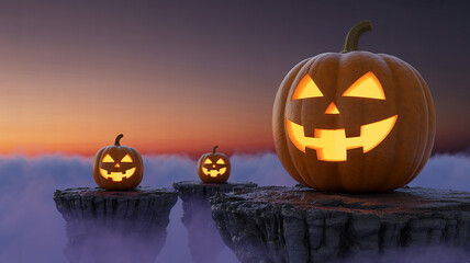 Three glowing jack-o-lanterns on floating islands at dusk with misty sky halloween pumpkins