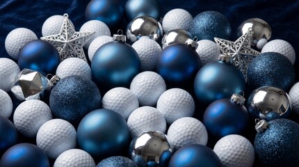 White dimpled golf balls are interspersed with blue and silver Christmas tree ornaments. Shiny baubles and glittery stars create a festive holiday background.