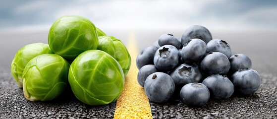 Road leads to choices between healthy fruits and vegetables and fast food options like pizza and chicken wings