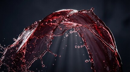 Dynamic splash of vibrant red liquid with countless droplets, flowing in an arc. Abstract feeling of refreshment and energetic movement.