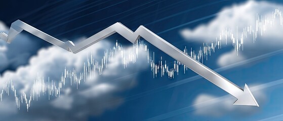 Cloud forms downward-pointing arrow with blue sky and white clouds in background, representing decline in stock market