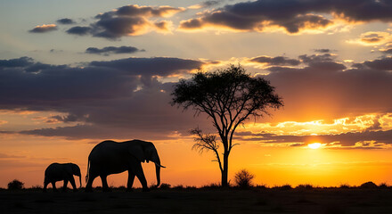 Fototapeta premium Elephant silhouettes at sunset