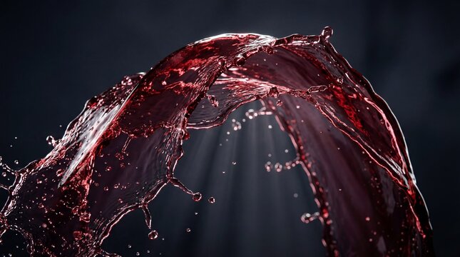 Dynamic splash of vibrant red liquid with countless droplets, flowing in an arc. Abstract feeling of refreshment and energetic movement. - Powered by Adobe