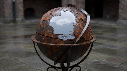 Rusty globe sculpture with reflective surface in outdoor setting