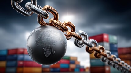 Globe Locked in Metal Chain With Shipping Containers in Background