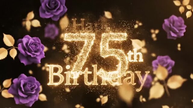 Happy 75th Birthday with sparkling text and purple roses  