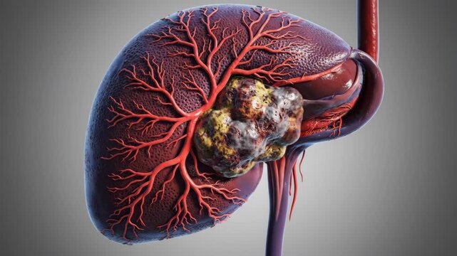 3d medical illustration visualizing a serious hepatic tumor and vascular system in the dark red liver, isolated on gray.