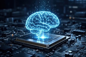 Digital Brain Hologram on Microchip Representing Artificial Intelligence