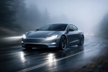 Fototapeta premium Electric Car Driving on Foggy Road at Night