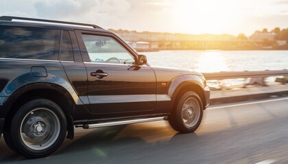 Obraz premium Shiny black sport utility vehicle driving fast on a coastal road with motion blur on the wheels during a warm and beautiful sunset
