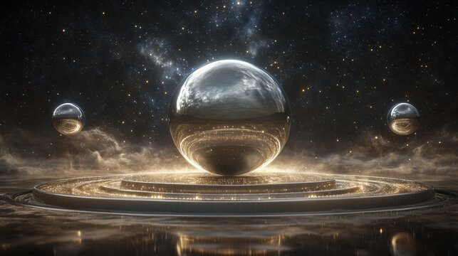 A gleaming silver planetary model representing celestial bodies rests upon a glowing platform amidst a starry cosmic background