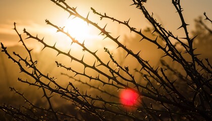 Sharp thorny branches of a briar bush are silhouetted against the warm golden light of a beautiful sunrise with a dramatic lens flare creating a moody and atmospheric scene