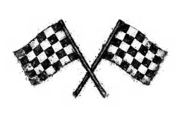Waving checkered flags crossing, representing speed, finish line, victory, success, and competition with grunge texture