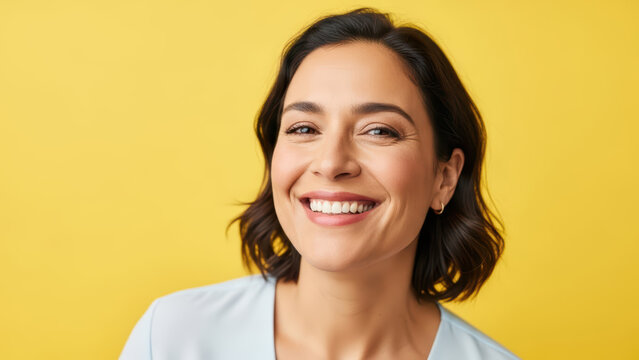 Smiling woman with short dark hair on yellow background